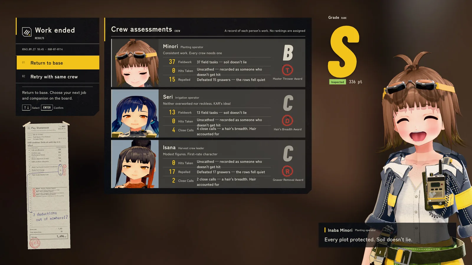 The pay slip and crew evaluation after a shift (English screen).